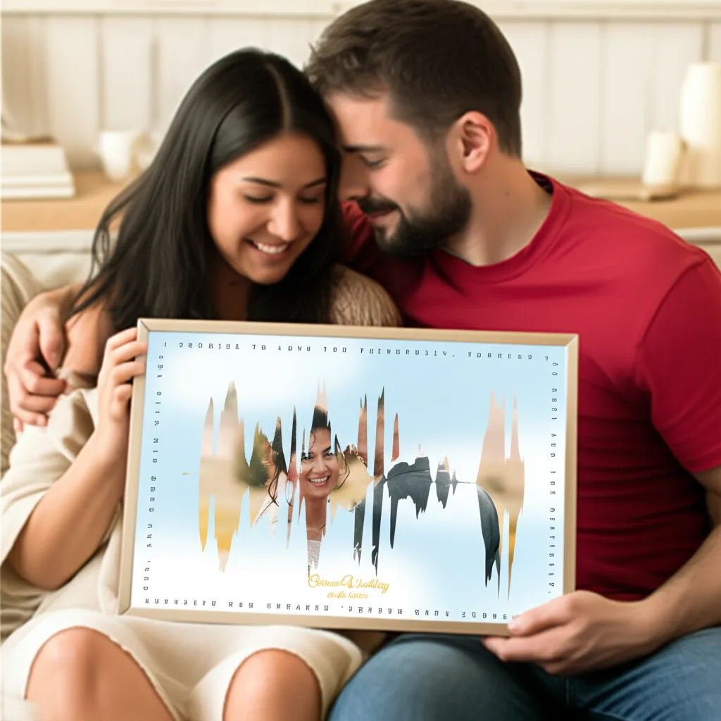 Couple holding a SoundPrint they designed