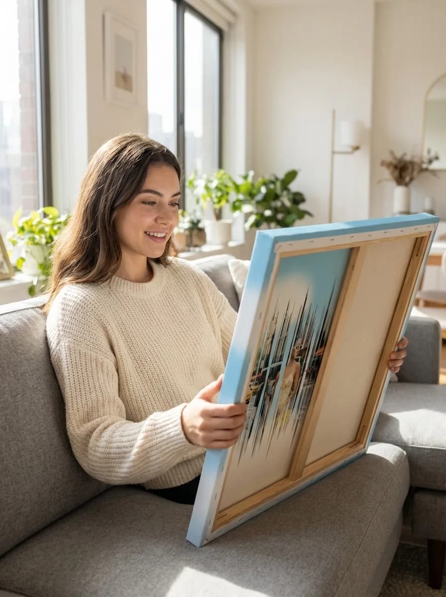 Woman on couch with canvas art